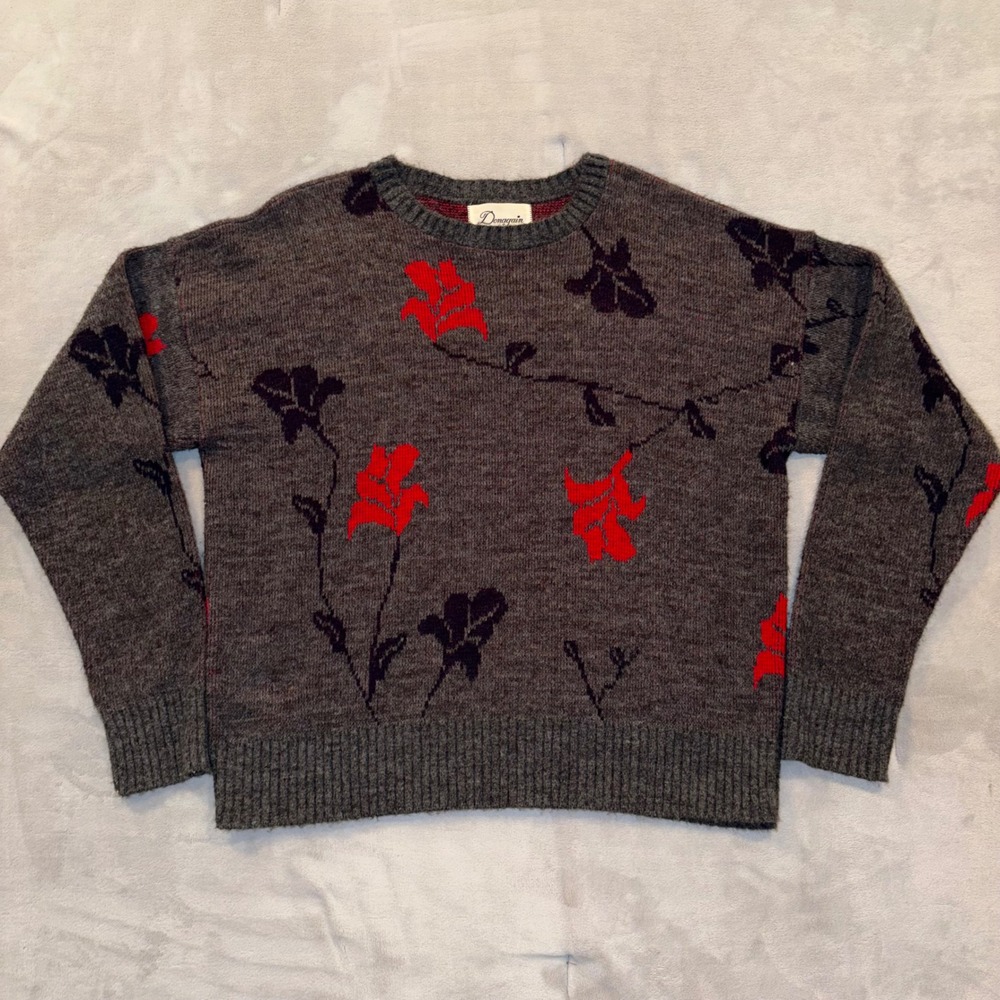 Vintage Donagain Floral Sweater Gray Red Black Cottagecore Grannycore Large USA